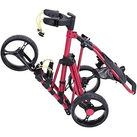 Lightweight Aluminum Golf Push Cart Foldable Three Wheel Trolley With Adjustable Handle, showing compact, red design with three wheels.