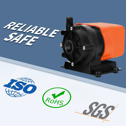 Heavy Duty Marine AC Water Pump 500 GPH 115V Magnetic Drive Circulation System With Run Dry Protection Compatible With Dometic Webasto Cruisair And 24000 BTU Boats No Sweat Hookup showing the pump with ISO and RoHS certification.