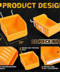 Yellow bins from 260 Piece Pegboard Hook And Bin Organizer Kit With 17 Hook Types Including Curved Angled And Straight Hooks Plus 12 Pegboard Bins For Garage Workshop And Craft Room Storage 1/8 And 1/4 Inch Accessories