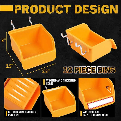 Yellow bins from 260 Piece Pegboard Hook And Bin Organizer Kit With 17 Hook Types Including Curved Angled And Straight Hooks Plus 12 Pegboard Bins For Garage Workshop And Craft Room Storage 1/8 And 1/4 Inch Accessories