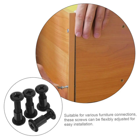 Hella Durable Steel Cabinet Screws And Nuts Hardware Kit For Furniture Assembly showing installation on wood panel with black screws.
