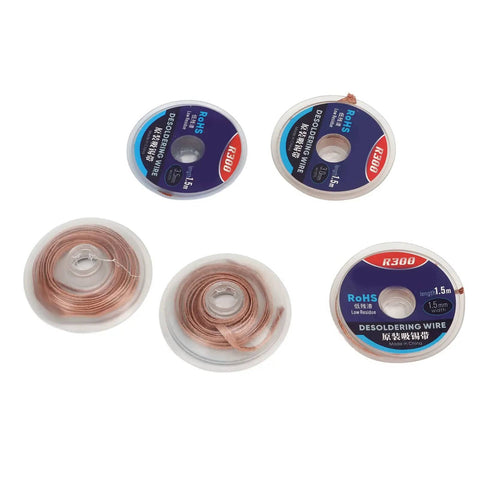 Pro Grade Desoldering Wick Copper Solder Removal Tool 5 Pack spools for PCB repair, 1.5m each, copper wicks in various widths.