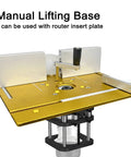 Heavy Duty Aluminum Router Table Base With 51mm Lift Built Tough For Woodworking Stainless Steel Support Rods 4 Jaw Clamping System And Hand Crank Design Ideal For Carving Machines And DIY Projects, manual lifting base shown