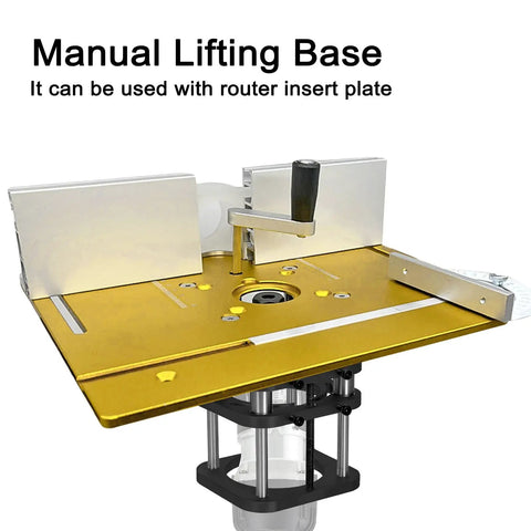 Heavy Duty Aluminum Router Table Base With 51mm Lift Built Tough For Woodworking Stainless Steel Support Rods 4 Jaw Clamping System And Hand Crank Design Ideal For Carving Machines And DIY Projects, manual lifting base shown