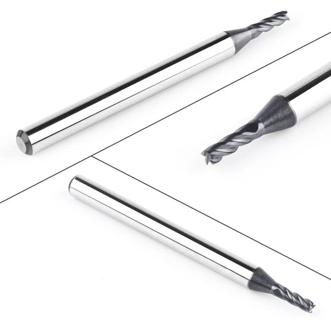 Front and side views of two 1/16 in solid carbide end mills with 4 flutes and cylindrical shanks