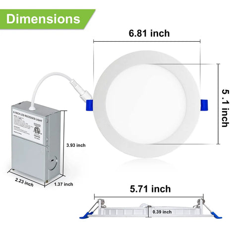 Dimensions of 4 Pack 6 Inch Ultra Thin LED Recessed Ceiling Lights With Junction Box, 14W Equal 100W, 1200 Lumens, 5000K Daylight, Dimmable Canless Downlights, ETL Listed