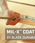 Rugged Tape Measure Set With 16 Foot and 25 Foot Measures displaying 1 1/8 inch blade with double sided white markings on wood.