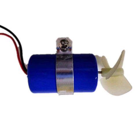 Beefy 7.4V RC Jet Boat Underwater Thruster 16800 RPM CW CCW 3 Blade Propeller, blue casing with metal clamp, side view