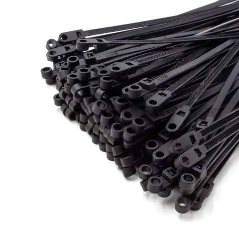 Upgraded Nylon Mounting Cable Ties With Secure Screw Anchors For No Sweat Wire Cleanup On Brick Concrete And Ceiling Joists Four Point Three Inches Long Tough As Nails Eighteen Pound Grip Matte Black Pack Of One Hundred displayed in a bundle.