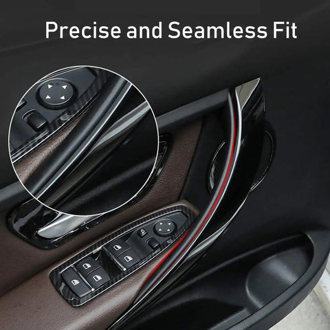 Close-up of Door Handle Covers for BMW 3 Series and 4 Series set easy install, driver side, glossy black finish, precise fit