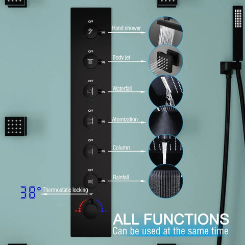 Premium Matte Black Shower Setup With A Heavy Rainfall Head And Adjustable Handheld Sprayer Dual Body Jets Plus Six Function Valve for multiple spray modes.