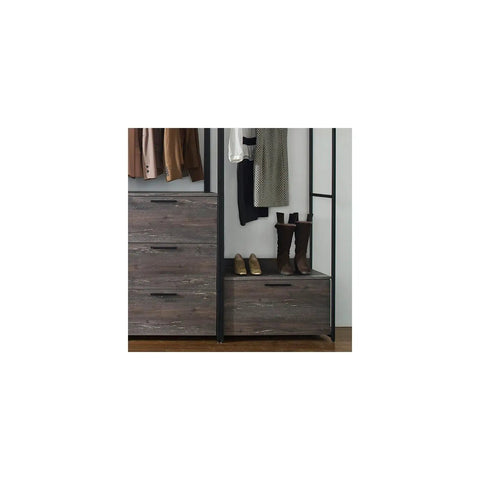 Top Shelf Vintage Wood And Metal Walk In Closet Organizer System With Adjustable Modular Shelves Hanging Rods And Hooks For Clothes Shoes Plus A Hella Convenient Custom Setup, featuring hanging clothes and shoe storage.