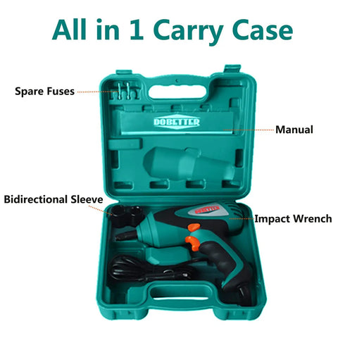 Beefy 12V Half Inch Corded Impact Wrench Kit With LED Light And Bubble Level in carry case with spare fuses and manual