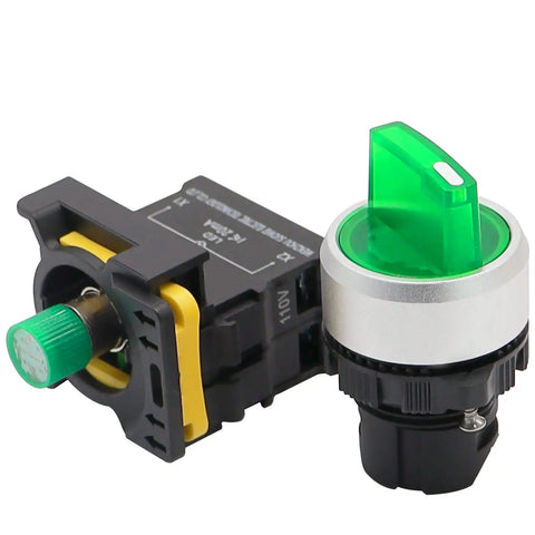 Green LED Indicator Rotary Switch 110V-220V 22mm IP65 Waterproof Latching 1 Normally Open 2-Position Panel Mount, 10A 600V