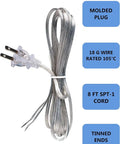 Clear Silver Lamp Cord 8 Foot Long For DIY Lamp Repair Or Replacement SPT-1 18 Gauge UL Listed Power Cord With Polarized Plug