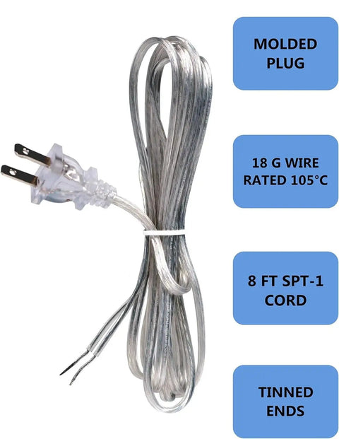 Clear Silver Lamp Cord 8 Foot Long For DIY Lamp Repair Or Replacement SPT-1 18 Gauge UL Listed Power Cord With Polarized Plug