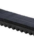 Beefy Tri-Power Industrial Belt For A B And C Section Drives Notched For Small Sheaves Built Tough For Heavy-Duty Applications And Smooth Power Transfer On Demanding Industrial Runs. Black notched industrial belt with flex cords, angled view