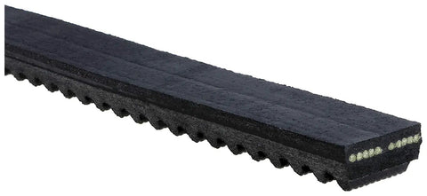 Beefy Tri-Power Industrial Belt For A B And C Section Drives Notched For Small Sheaves Built Tough For Heavy-Duty Applications And Smooth Power Transfer On Demanding Industrial Runs. Black notched industrial belt with flex cords, angled view