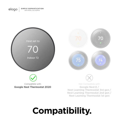 Wall Plate Cover Plus For Google Nest Thermostat 2020 compatibility diagram showing fit for the 2020 model, incompatible with others.