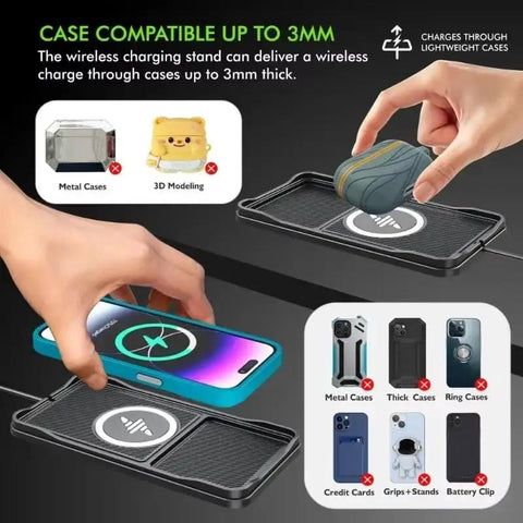 Robust Car Wireless Charger Pad Featuring Raised Camera Bumper Rim For Grippy Dashboard Placement And Quick Phone Juice Up Charging Compatible With Chevy Volt Bolt Vehicles, demonstrating compatibility with lightweight cases up to 3mm thick.
