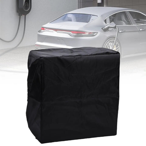 Heavy Duty EV Wall Charger Cover, All Weather Outdoor Charging Enclosure with Easy Toggle Drawstring in black, protecting charger.