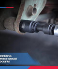 Three Quarter Inch Drive Impact Socket Set in use on heavy machinery, close-up view, Chrome Vanadium Cr-V, Black Oxide Finish