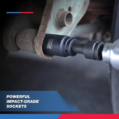 Three Quarter Inch Drive Impact Socket Set in use on heavy machinery, close-up view, Chrome Vanadium Cr-V, Black Oxide Finish