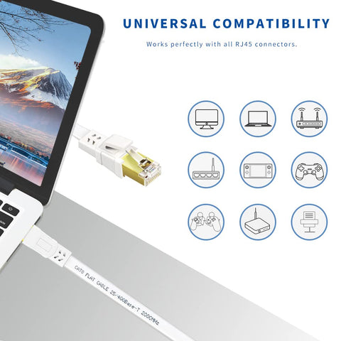 Cat8 Ethernet Cable 25 Ft Flat Outdoor Indoor High Speed 2000MHz 40Gbps Gold Plated RJ45 Weatherproof UV Resistant for Gaming Router Modem and Network Gear connected to laptop
