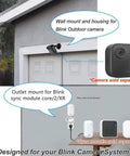 Outdoor Camera Mount Kit Three Pack Weatherproof Protective Housing And 360 Degree Adjustable Bracket Works With Blink Outdoor 4 2K Plus And Third Gen Cameras Black Durable Build, installed on a gray garage.