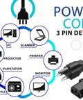 Five Foot Black 3 Prong AC Power Cord Cable, 10 Amp, 125 Volt For Electronics, TV, Computer, Printer, Monitor, Laptop And More with plug design and connection uses