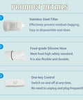 Product details showing stainless steel filter, food-grade silicone hose, and one-key control of Automatic USB Powered Siphon Pump For Bottling Home Brew Wine Beer Kombucha With Food Grade Hose Self Priming Design 2 Liters Per Minute No Mess Leak Low Noise Compact Portable Water Transfer Kit