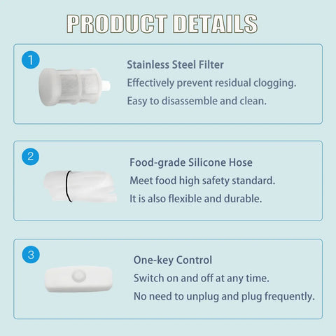 Product details showing stainless steel filter, food-grade silicone hose, and one-key control of Automatic USB Powered Siphon Pump For Bottling Home Brew Wine Beer Kombucha With Food Grade Hose Self Priming Design 2 Liters Per Minute No Mess Leak Low Noise Compact Portable Water Transfer Kit