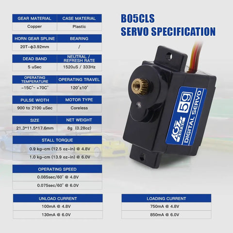 Close-up of a Sub Micro RC Servo Motor With Metal Gear, 8g Light, 1kg Torque, data sheet showing specifications on the side.