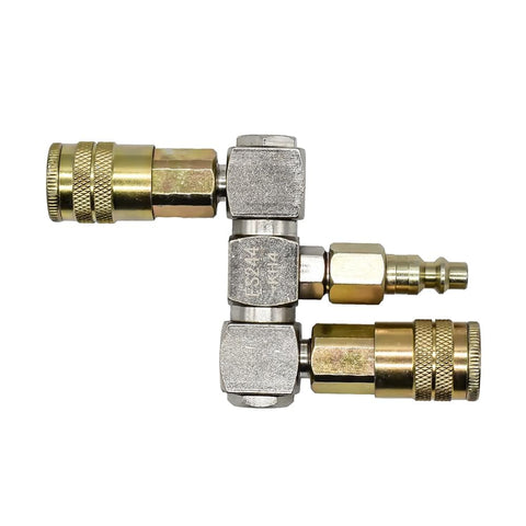 Double Swivel Air Manifold With Two Quarter Inch Steel Industrial Couplers And One Quarter Inch Steel Plug Kit.