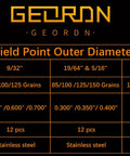 Chart showing sizes and weights for Stainless Steel Arrow Field Points Set Of 12 For Practice Arrows, 85 to 150 grain.
