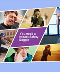 Collage of people affected by eye discomfort with text 'You need a Impact Safety Goggle' suggesting protection need.