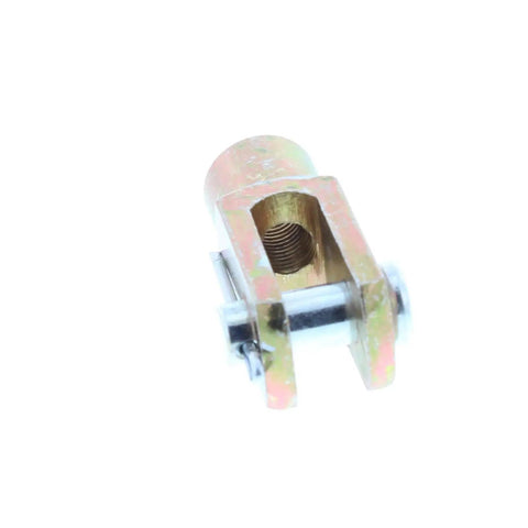 Beefy Three Eighths Inch Fine Thread Steel Clevis End With Pin And Cotter Key For Master Cylinder Or Booster Pushrod To Brake Pedal Arm Universal Fit Linkage Connector For Ride Ready Precise Adjustment And Reliable Pedal Hookup, steel clevis close-up