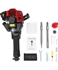 Gas Powered Demolition Jack Hammer 52cc 2 Stroke With Pointed And Flat Chisels, toolkit, fuel can, and manual