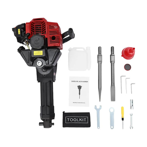 Gas Powered Demolition Jack Hammer 52cc 2 Stroke With Pointed And Flat Chisels, toolkit, fuel can, and manual