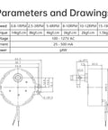 Technical drawing and parameters of Two Pack Synchronous Motor AC 100-127V 15-18 RPM 4W CW CCW Permanent Magnet Drive