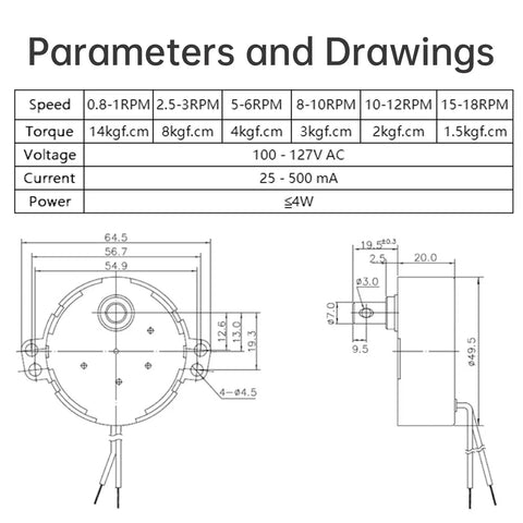 Technical drawing and parameters of Two Pack Synchronous Motor AC 100-127V 15-18 RPM 4W CW CCW Permanent Magnet Drive