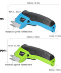 Cordless Electric Scissors With Knockout Power For Zero Fuss Fabric Cutting And Cardboard Trimming in blue and green colors, with soft rubber grips.