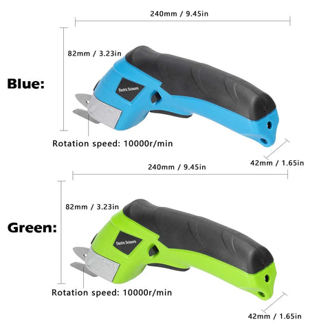 Cordless Electric Scissors With Knockout Power For Zero Fuss Fabric Cutting And Cardboard Trimming in blue and green colors, with soft rubber grips.