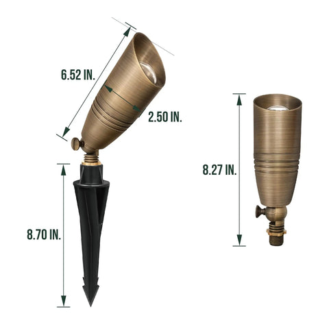 12 Pack Solid Brass Landscape Spotlight Kit 12V AC DC Low Voltage Outdoor Uplight with ABS Ground Spike and size measurements