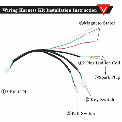 Kick Start Wiring Harness Kit With Stator For 50cc To 140cc Pit Dirt Bikes And ATVs CDI Coil Spark Plug diagram