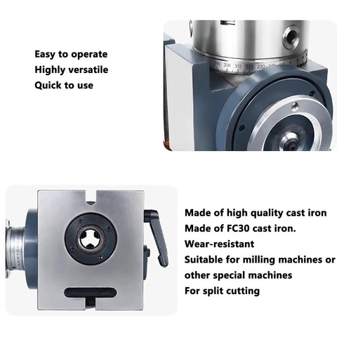 6 Inch 3 Jaw Chuck Milling Machine Indexing Head With Vertical Horizontal Indexing Plate Rotary Table Set Including Tailstock forged from solid cast iron, showing operational features.