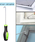 Screen Roller Tool With Bearing For Window Mesh Repair And Replacement shown pulling old spline from window frame.