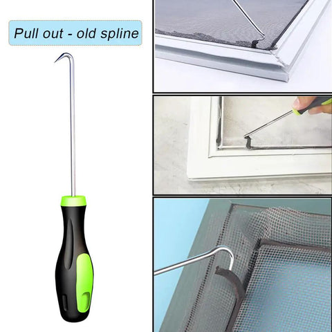 Screen Roller Tool With Bearing For Window Mesh Repair And Replacement shown pulling old spline from window frame.