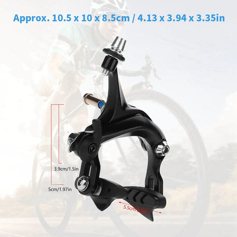 Deadly Smooth Road Bike V Brake Set Featuring Heavy Duty Mechanical Dual Pivot Calipers With Tough Aluminum Alloy Housing For Grip Tight Front And Rear Wheel Control In Sleek Black close-up of brake caliper with measurements.
