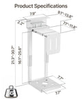 Under Desk PC Mount, Beefy Heavy-Duty Adjustable CPU Holder For Standing Desk, Gaming And Home Office Setup, Fits Most PC Cases 16.1 To 25.6 Inches High, Space Saving CPU Mount, Supports Up To 66 Lbs, White with product dimensions.